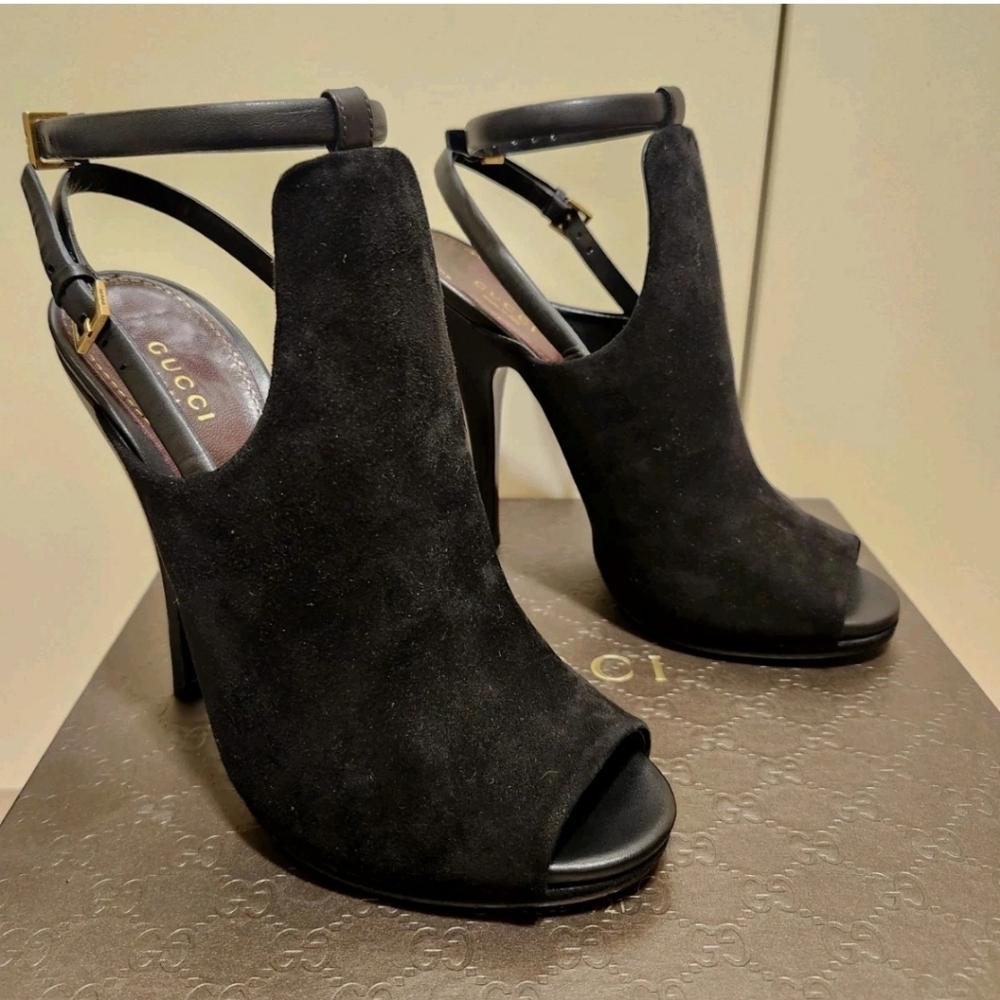 NIB Gucci Blck Suede/Leather Peep Toe Slingback Ankle Strap Pumps Sz.8/38.5 $995 - Picture 2 of 10